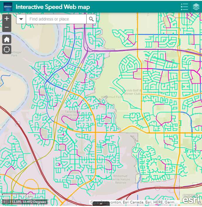 [그림] 시속 40km로 변경된 주거지역의 도로를 확인할 수 있는 실시간 지도(녹색으로 표시)