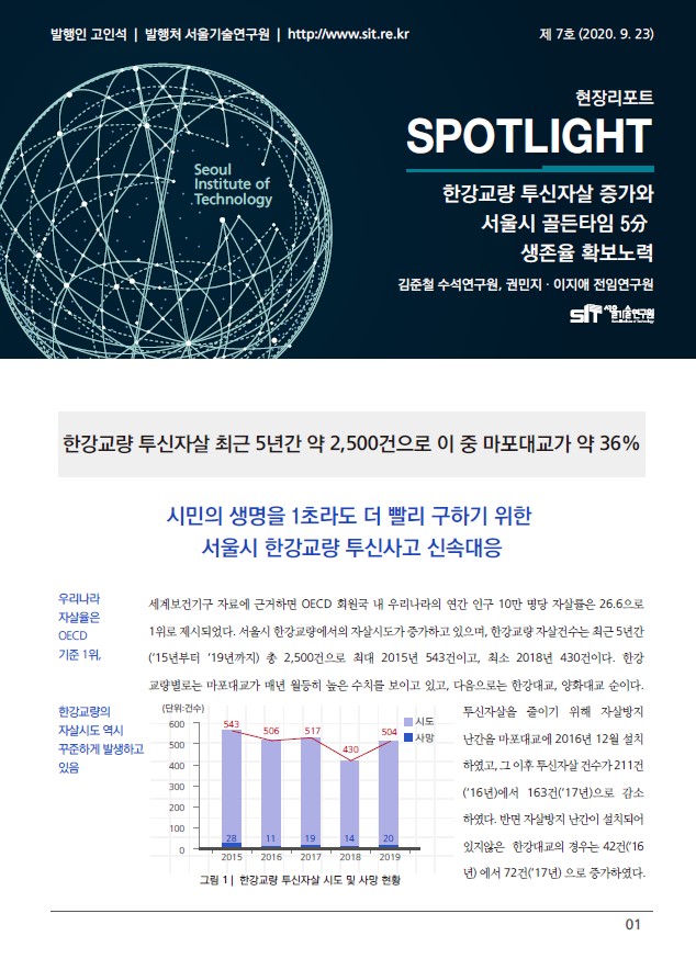 <현장리포트 SPOTLIGHT> 2020년 9월호 Vol.7 `한강교량 투신자살 증가와 서울시 골든타임 5分 생존율 확보노력` 이미지