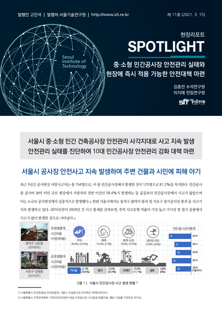 <현장리포트 SPOTLIGHT> 2021년 3월호 Vol.11 중·소형 민간공사장 안전관리 실태와 현장에 즉시 적용 가능한 안전대책 마련 이미지