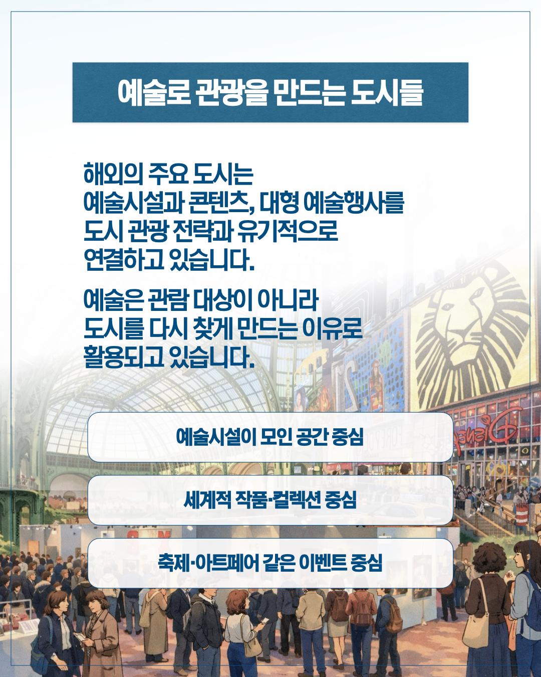 예술로 관광을 만드는 도시들  해외의 주요 도시는 예술시설과 콘텐츠, 대형 예술행사를 도시 관광 전략과 유기적으로 연결하고 있습니다.  예술은 관람 대상이 아니라 도시를 다시 찾게 만드는 이유로 활용되고 있습니다.  예술시설이 모인 공간 중심  세계적 작품·컬렉션 중심  축제·아트페어 같은 이벤트 중심