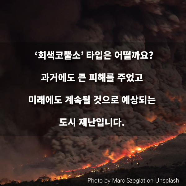 ‘회색코뿔소’ 타입은 어떨까요? 과거에도 큰 피해를 주었고 미래에도 계속될 것으로 예상되는  도시 재난입니다. 
