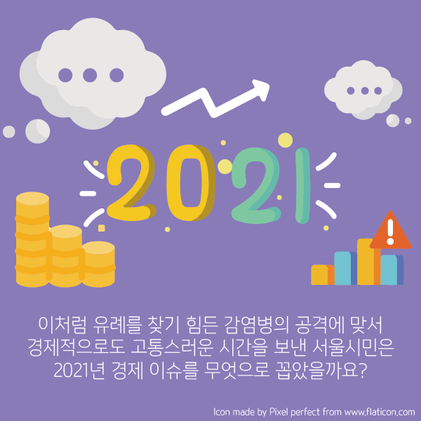 이처럼 유례를 찾기 힘든 감염병의 공격에 맞서 경제적으로도 고통스러운 시간을 보낸 서울시민은 2021년 경제 이슈를 무엇으로 꼽았을까요?
