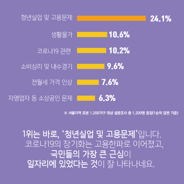 1위는 바로 '청년실업 및 고용문제'입니다. 코로나19의 장기화는 고용한파로 이어졌고, 국민들의 가장 큰 근심이 일자리에 있었다는 것이 잘 나타나네요. (그림에 대한 자세한 수치는 아래 내용에서 확인하실 수 있습니다.)