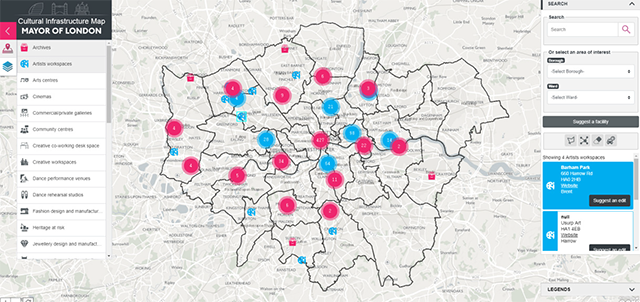 [그림 1] 런던 문화기반시설 지도 화면