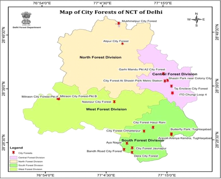 [그림] 델리 NCT 지역 내에 있는 17개의 도시 숲과 녹지대 분포도
