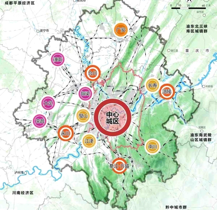 [그림] 충칭市의 광역 도시권 발전 전략 계획도 (출처: 충칭市인민정부)