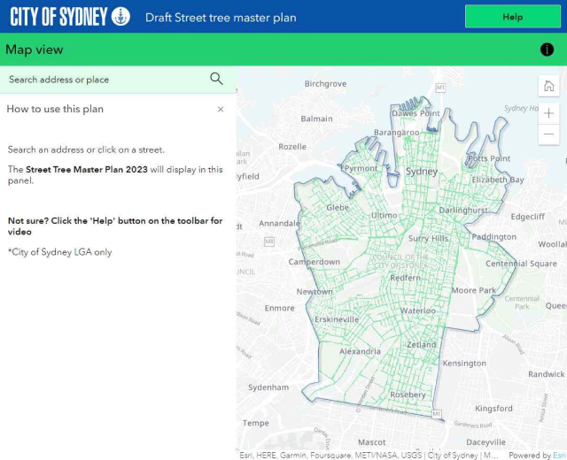 [그림 1] 가로수 마스터플랜 2023 온라인 대화형 지도 웹페이지 (출처: City of Sydney)