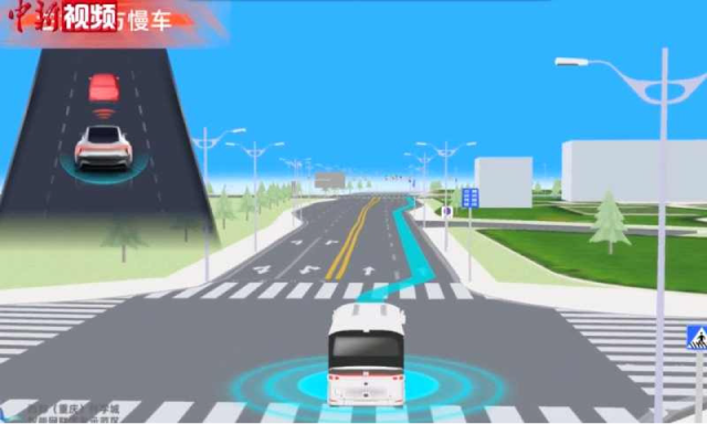 [그림] 자율주행 통근버스가 지능형 인공지능 기술의 교통 솔루션에 따라 도로에서 주행하는 방식을 소개한 그림 (출처: 중국신문넷)