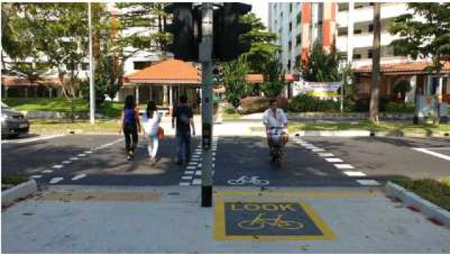 [그림] 보행자-자전거 영역 분리가 적용된 싱가포르의 횡단보도 사례 