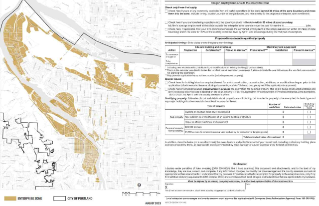 [그림] 포틀랜드 도시기업구역 신규 지정 지역(좌)과 투자계획서 일부(우) (출처: Prosper Portland)