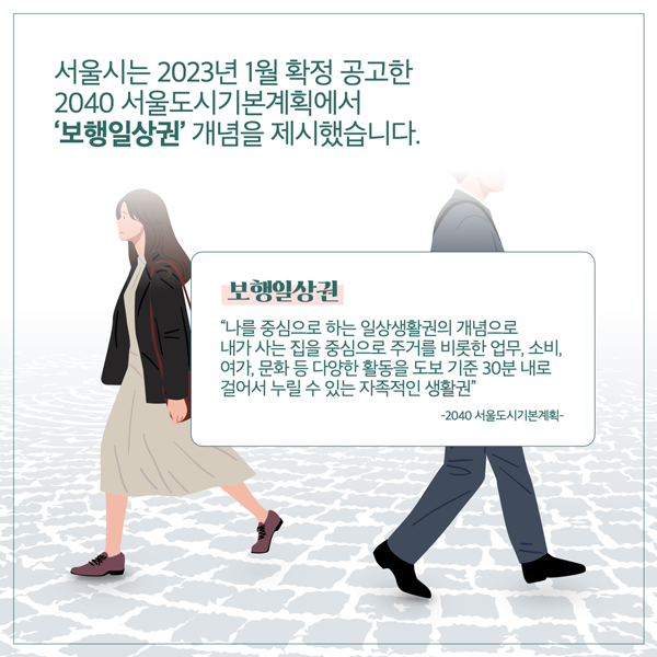  서울시는 2023년 1월 확정 공고한 2040 서울도시기본계획에서 보행일상권 개념을 제시했습니다. 보행일상권 나를 중심으로 하는 일상생활권의 개념으로 내가 사는 집을 중심으로 주거를 비롯한 업무, 소비, 여가, 문화 등 다양한 활동을 도보 기준 30분 내로 걸어서 누릴 수 있는 자족적인 생활권 -2040 서울도시기본계획