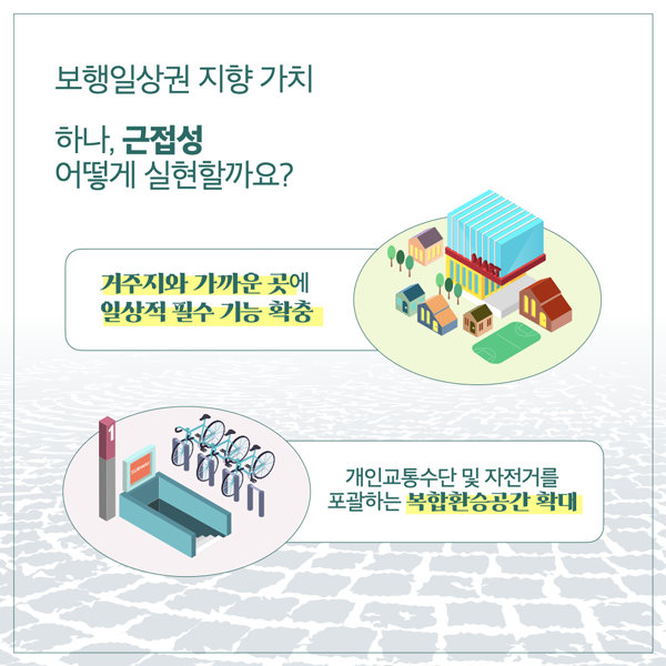  보행일상권 지향 가치 하나, 근접성 어떻게 실현할까요? 거주지와 가까운 곳에 일상적 필수 기능 확충 개인교통수단 및 자전거를 포괄하는 복합환승공간 확대