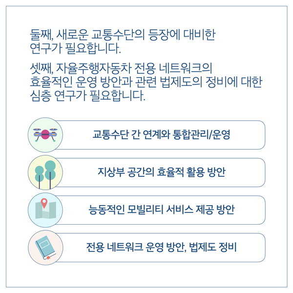  둘째, 새로운 교통수단의 등장에 대비한 연구가 필요합니다. 셋째, 자율주행자동차 전용 네트워크의 효율적인 운영 방안과 관련 법제도의 정비에 대한 심층 연구가 필요합니다. 교통수단 간 연계와 통합관리/운영 지상부공간의 효율적 활용 방안 능동적인 모빌리티 서비스 제공방안 전용 네트워크 운영 방안, 법제도 정비