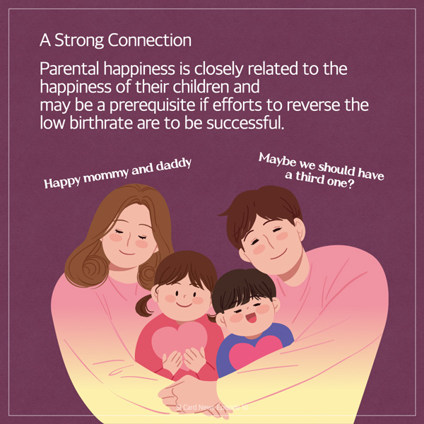  A Strong Connection Parental happiness is closely related to the happiness of their children and may be a prerequisite if efforts to reverse the low birthrate are to be successful. Happy mommy and daddy Maybe we should have a third one? Card News