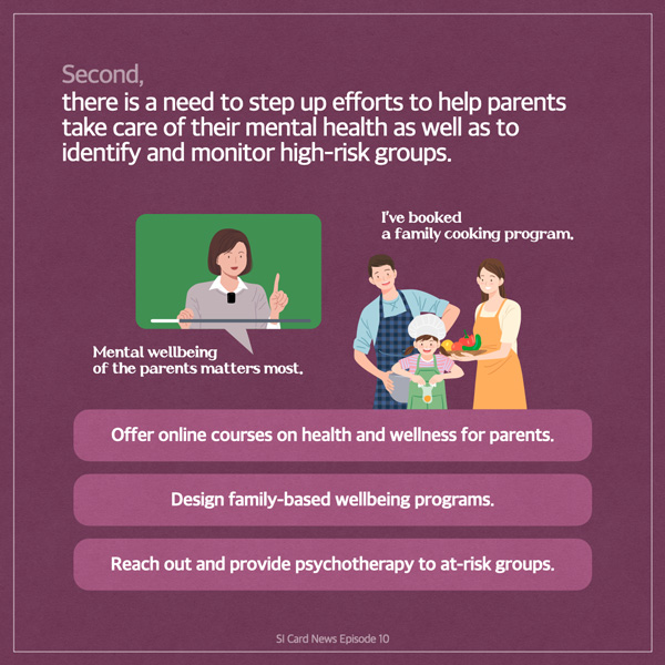  Second, there is a need to step up efforts to help parents take care of their mental health as well as to identify and monitor high-risk groups. Mental wellbeing of the parents matters most. I've booked a family cooking program. Offer online courses on health and wellness for parents. Design family-based wellbeing programs. Reach out and provide psychotherapy to at-risk groups. SI Card News Episode 10