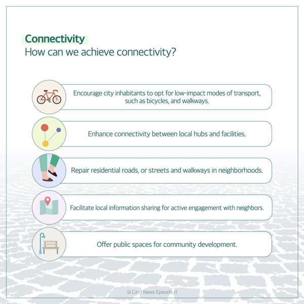  Connectivity How can we achieve connectivity? Encourage city inhabitants to opt for low-impact modes of transport, such as bicycles, and walkways. Enhance connectivity between local hubs and facilities. Repair residential roads, or streets and walkways in neighborhoods. Facilitate local information sharing for active engagement with neighbors. Offer public spaces for community development. SI Card News Episode 11