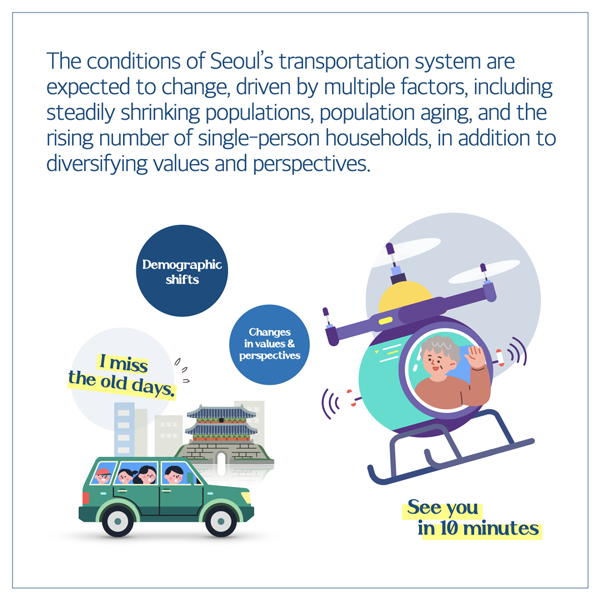  The conditions of Seoul's transportation system are expected to change, driven by multiple factors, including steadily shrinking populations, population aging, and the rising number of single-person households, in addition to diversifying values and perspectives. Demographic shifts I miss the old days. Changes in values & perspectives (« See you in 10 minutes