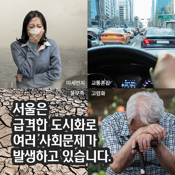 서울은 급격한 도시화로 여러 사회문제가 발생하고 있습니다. 미세먼지, 교통혼잡, 물부족, 고령화 등.