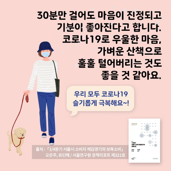 30분만 걸어도 마음이 진정되고 기분이 좋아진다고 합니다. 코로나19로 우울한 마음, 가벼운 산책으로 훌훌 털어버리는 것도 좋을 것 같아요. 우리 모두 코로나19 슬기롭게 극복해요~! (출처 :「1/4분기 서울시 소비자 체감경기와 보복소비」, 오은주, 유인혜 / 서울연구원 정책리포트 제321호)