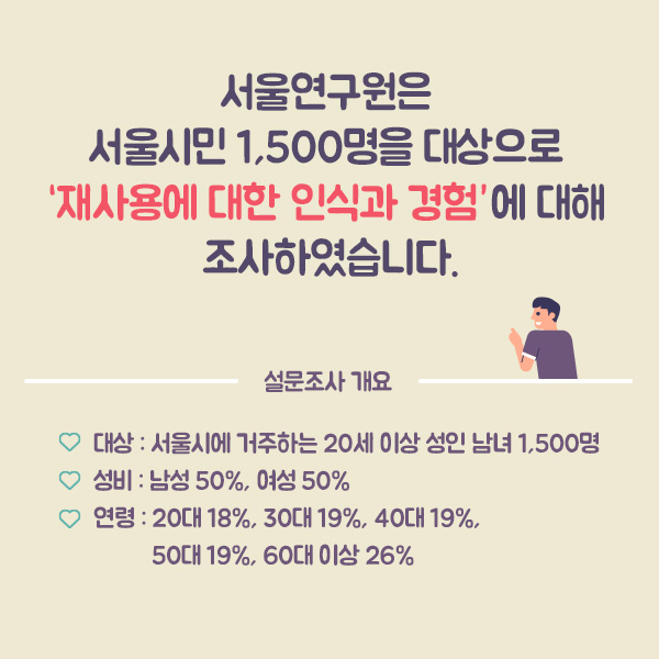 서울연구원은  서울시민 1,500명을 대상으로  “재사용에 대한 인식과 경험”에 대해  조사하였습니다. 설문조사 개요 1. 대상 : 서울시에 거주하는 20세 이상 성인 남녀 1,500명 2. 성비 : 남성 50%, 여성 50%, 3. 연령 : 20대 18%, 30대 19%, 40대 19%, 50대 19%, 60대 이상 26%    