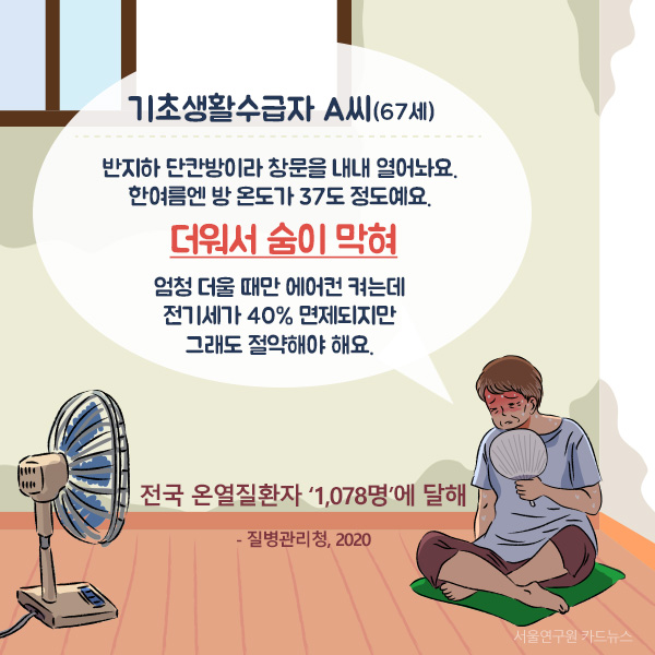 기초생활수급자 A씨(67세) "반지하 단칸방이라 창문을 내내 열어놔요. 한여름엔 방 온도가 37도 정도예요.   더워서 숨이 막혀  엄청 더울 때만 에어컨 켜는데  전기세가 40% 면제되지만  그래도 절약해야 해요." 전국 온열질환자 ‘1,078명’에 달해   - 질병관리청, 2020