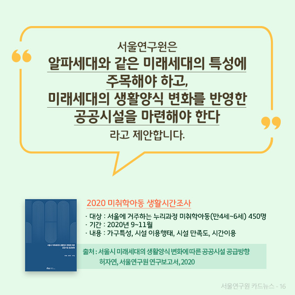 서울연구원은  “알파세대와 같은 미래세대의 특성에 주목해야 하고, 미래세대의 생활양식 변화를 반영한 공공시설 마련 방안에 주목해야 한다” 라고 제안합니다.