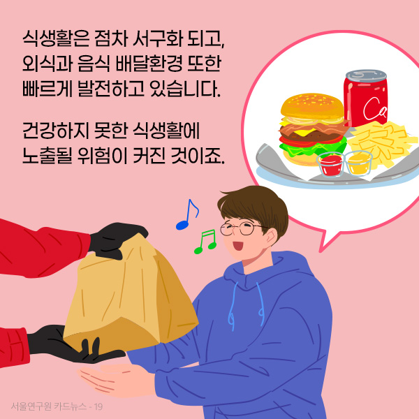 식생활은 점차 서구화 되고, 외식과 음식 배달환경 또한 빠르게 발전하고 있습니다. 건강하지 못한 식생활에 노출될 위험이 커진 것이죠.