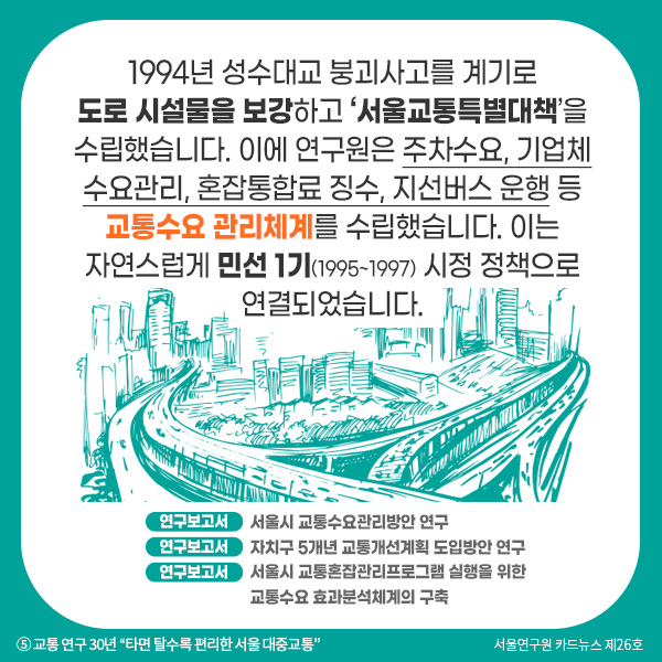 1994년 성수대교 붕괴사고를 계기로 도로 시설물을 보강하고 ‘서울교통특별대책’을 수립했습니다. 이에 연구원은 주차수요, 기업체 수요관리, 혼잡통합료 징수, 지선버스 운행 등 교통수요 관리체계를 수립했습니다. 이는 자연스럽게 민선 1기(1995~1997) 시정 정책으로 연결되었습니다. 