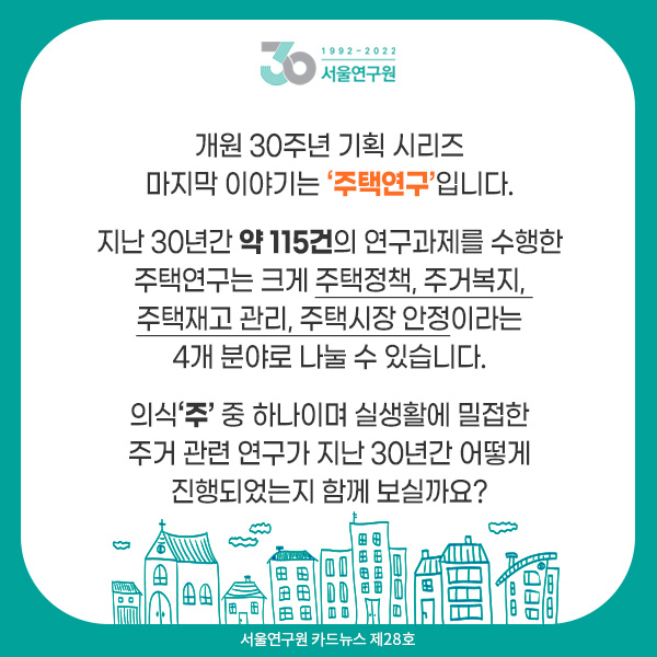 개원 30주년 기획 시리즈 마지막 이야기는 ‘주택연구’입니다. 지난 30년간 약 115건의 연구과제를 수행한 주택연구는 크게 주택정책, 주거복지, 주택재고 관리, 주택시장 안정이라는 4개 분야로 나눌 수 있습니다. 의식‘주’ 중 하나이며 실생활에 밀접한 주거 관련 연구가 지난 30년간 어떻게 진행되었는지 함께 보실까요?