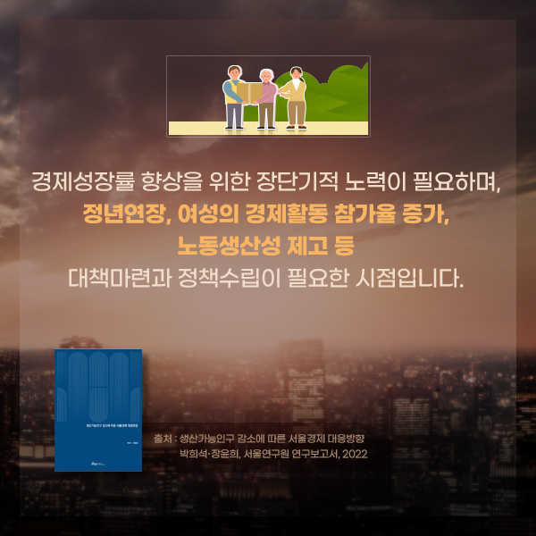 경제성장률 향상을 위한 장단기적 노력이 필요하며, 정년연장, 여성의 경제활동 참가율 증가, 노동생산성 제고 등 대책마련과 정책수립이 필요한 시점입니다. (출처 : 생산가능인구 감소에 따른 서울경제 대응방향, 박희석, 장윤희, 서울연구원 연구보고서, 2022)