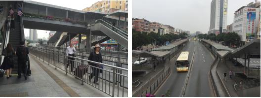 육교와 에스컬레이터로 연결된 BRT 정류장