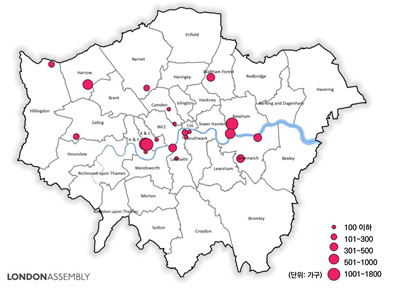 그림. 런던 교통공사 소유 공유지 내 주거 재개발 대상 지역과 공급 규모 